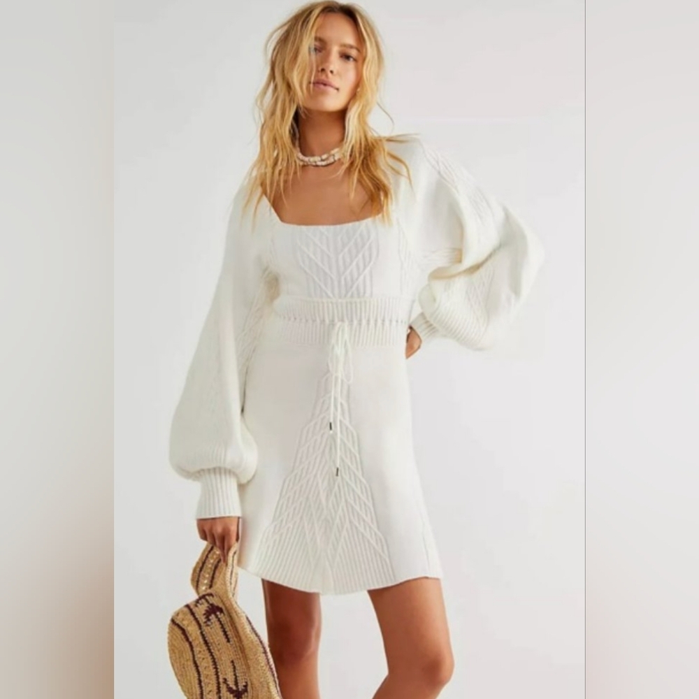 Free People White Emmaline Cable Knit Mini Sweater Dress w/Back Cut-Out Size XL
